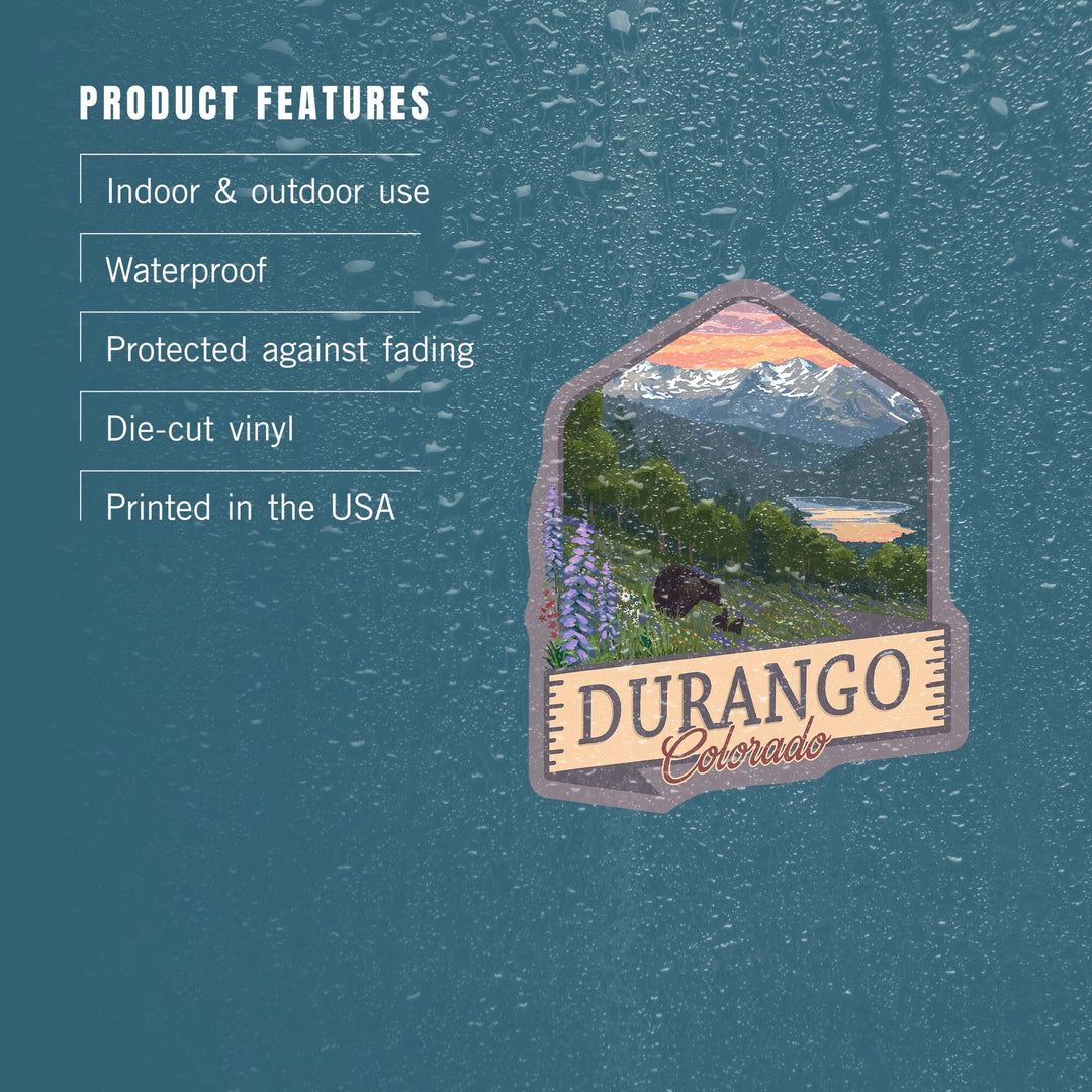 Durango, Colorado, Bears & Spring Flowers, Contour, Lantern Press Artwork, Vinyl Sticker Sticker Lantern Press 