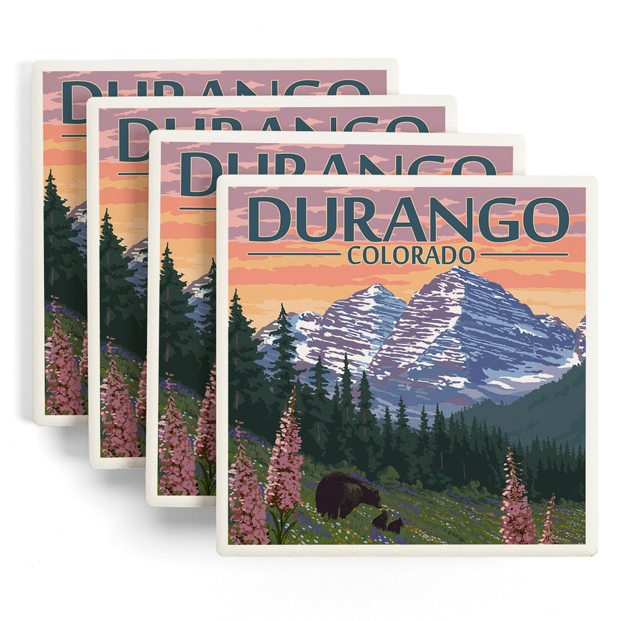 Durango, Colorado, Bears & Spring Flowers, Lantern Press Artwork, Coaster Set - Lantern Press