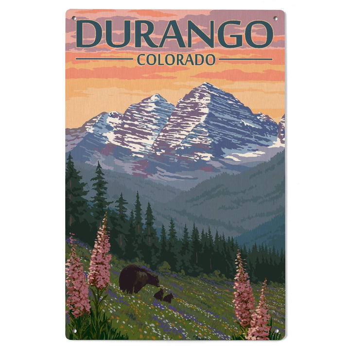 Durango, Colorado, Bears & Spring Flowers, Lantern Press Artwork, Wood Signs and Postcards Wood Lantern Press 