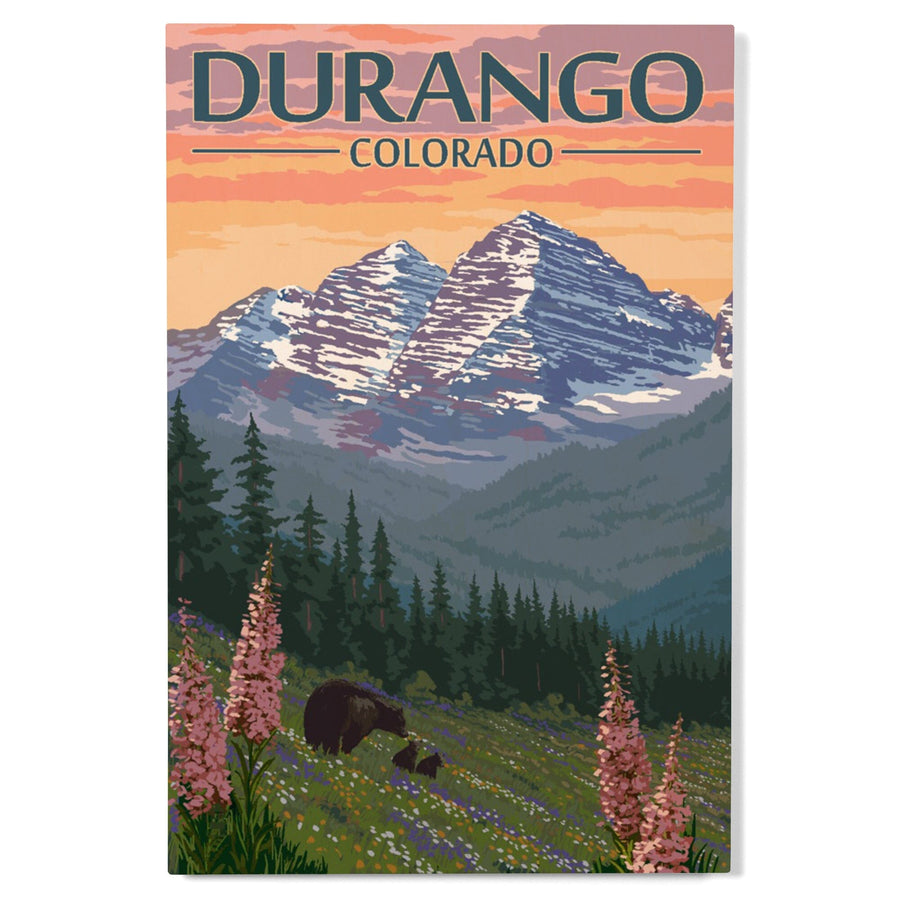 Durango, Colorado, Bears & Spring Flowers, Lantern Press Artwork, Wood Signs and Postcards Wood Lantern Press 