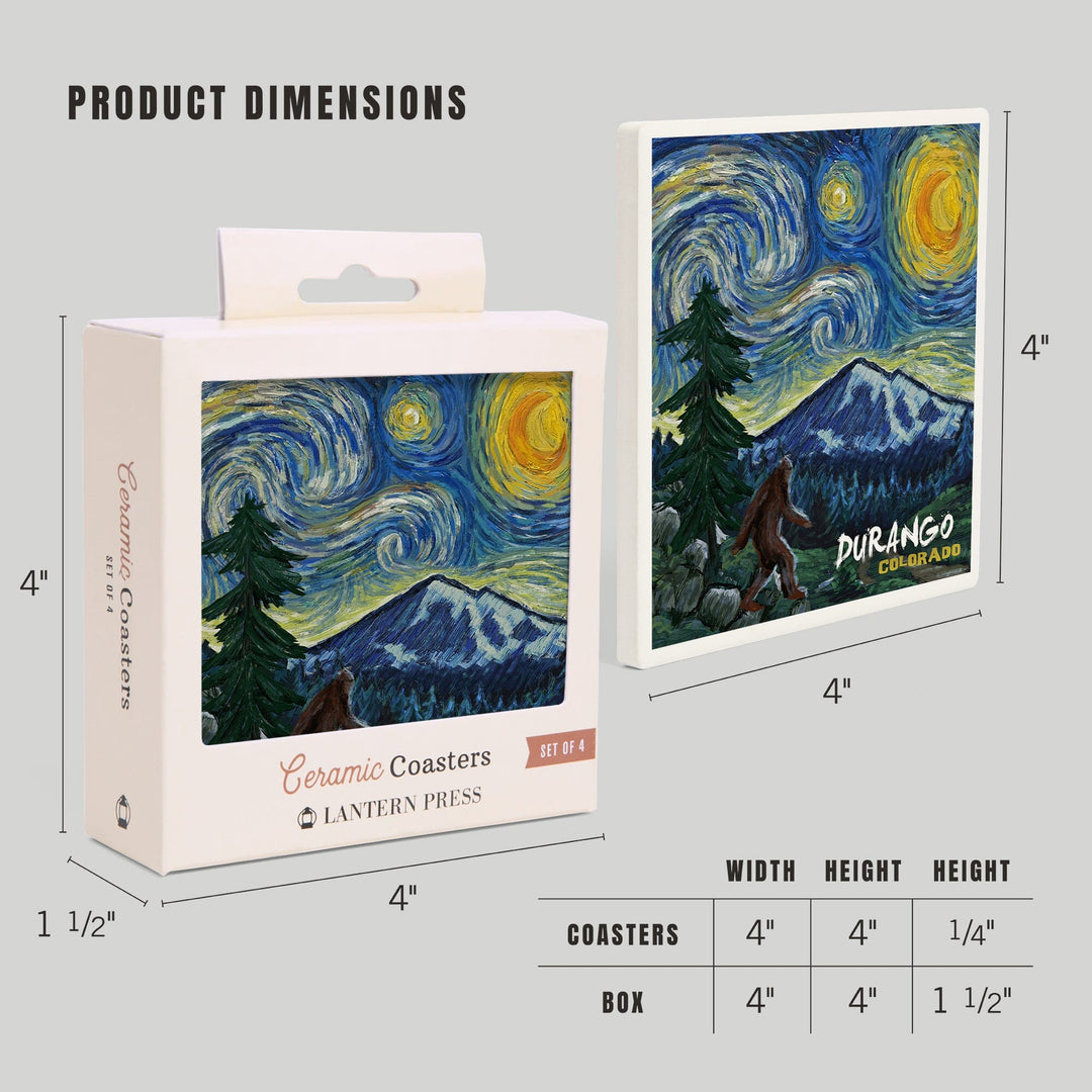 Durango, Colorado, Bigfoot, Starry Night, Lantern Press Artwork, Coaster Set - Lantern Press