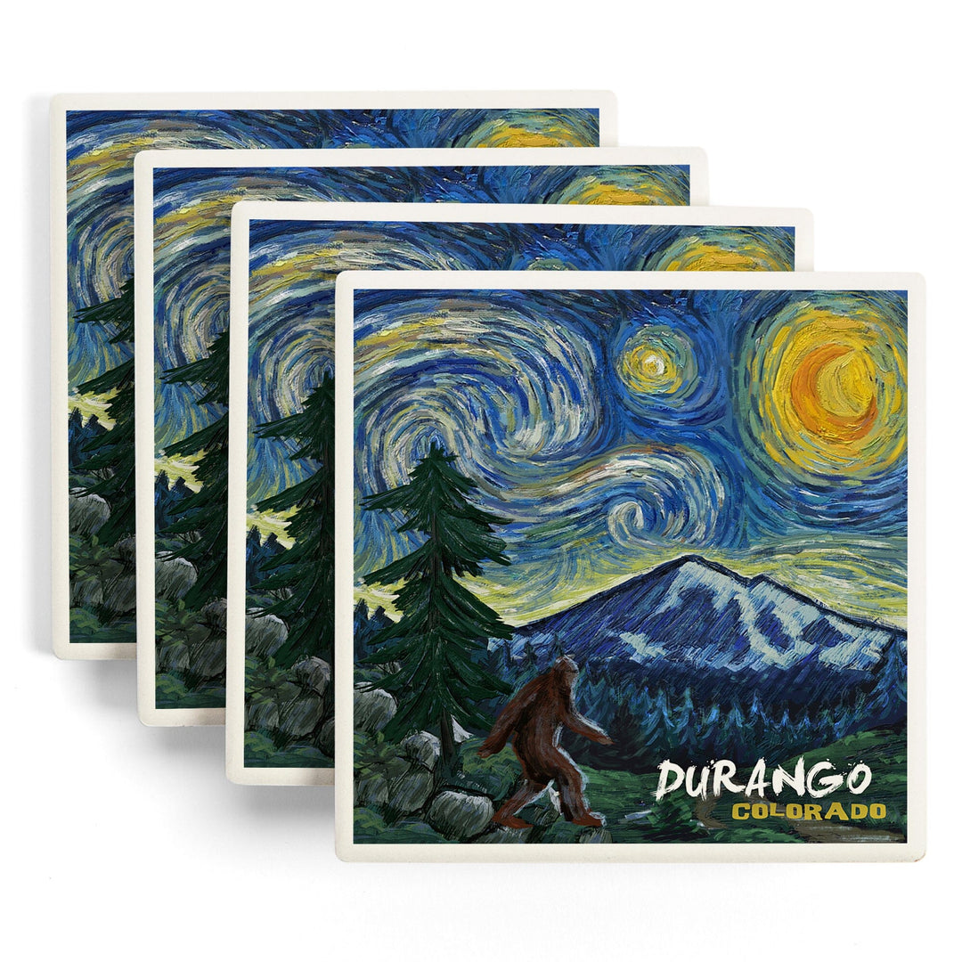 Durango, Colorado, Bigfoot, Starry Night, Lantern Press Artwork, Coaster Set - Lantern Press