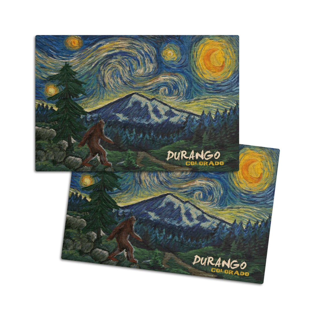 Durango, Colorado, Bigfoot, Starry Night, Lantern Press Artwork, Wood Signs and Postcards Wood Lantern Press 4x6 Wood Postcard Set 