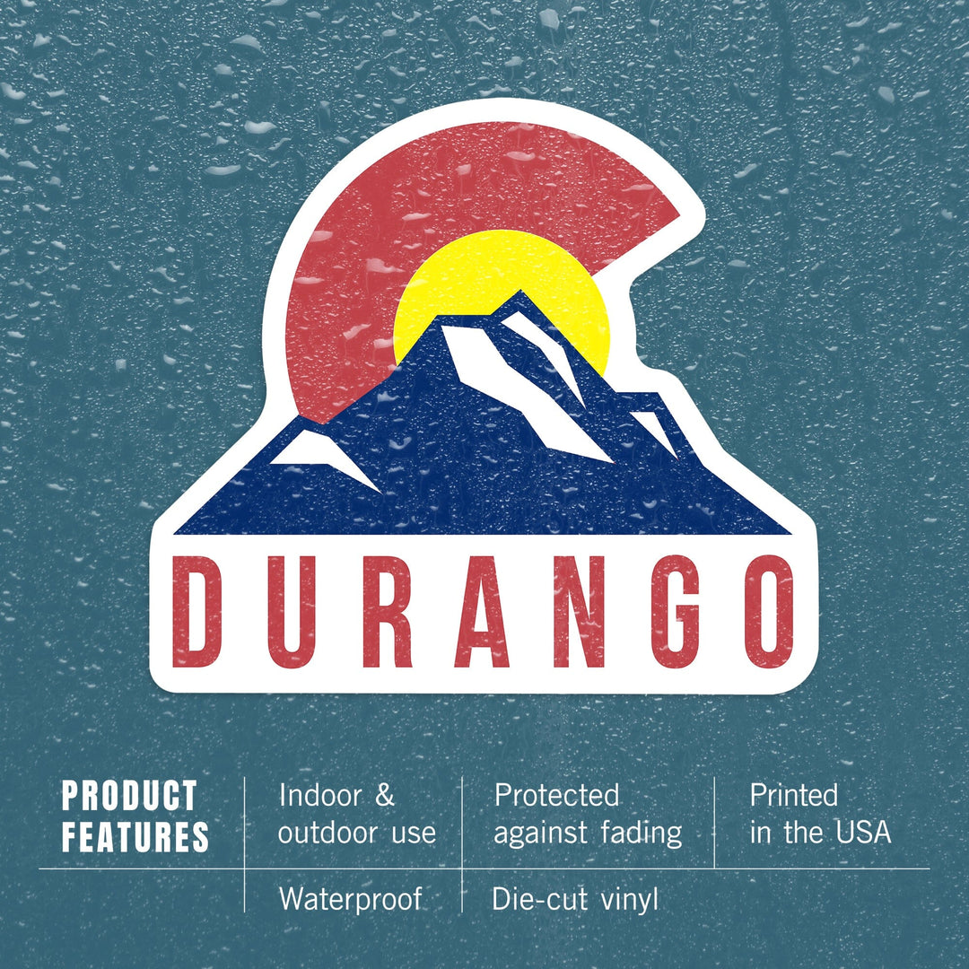 Durango, Colorado, Colorado Flag & Mountain, Contour, Lantern Press Artwork, Vinyl Sticker Sticker Lantern Press 