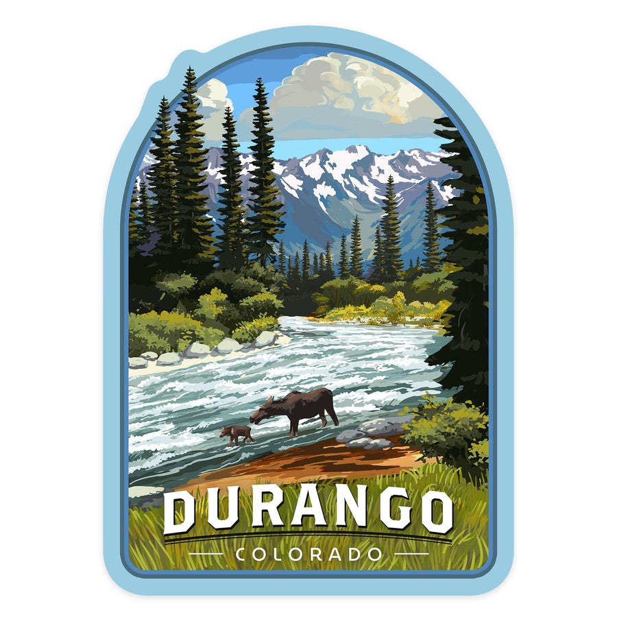 Durango, Colorado, Moose and River Rapids, Contour, Vinyl Sticker - Lantern Press