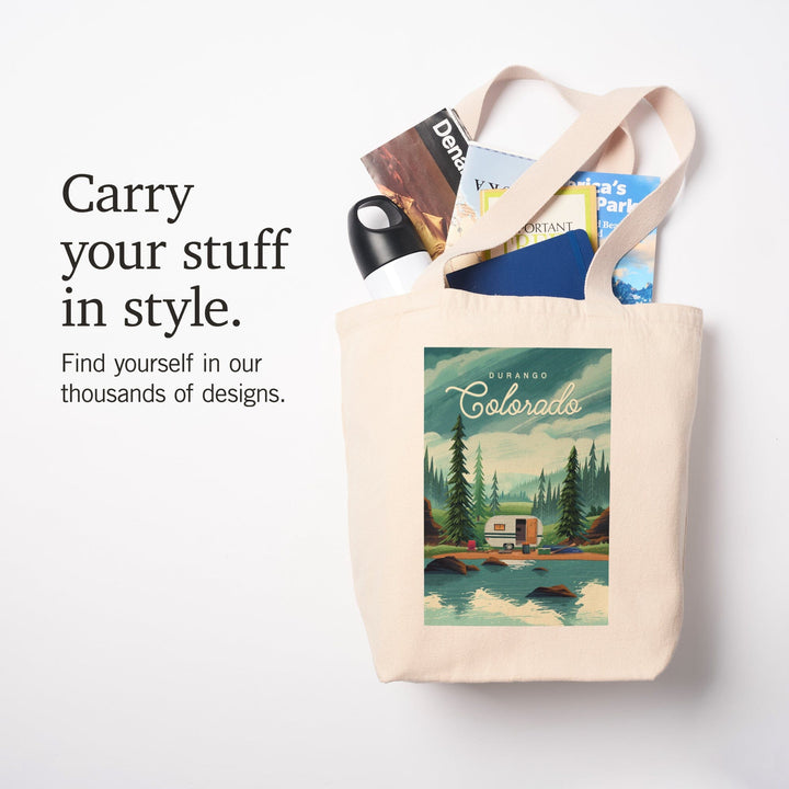 Durango Colorado, Outdoor Activity, At Home Anywhere, Camper in Evergreens, Tote Bag Totes Lantern Press 