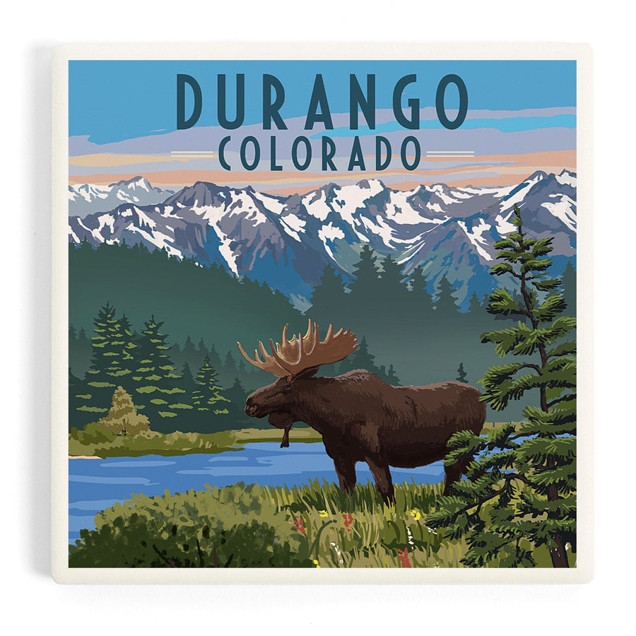Durango, Colorado, Painterly, Moose, Summer Scene, Coasters Coasters Lantern Press 