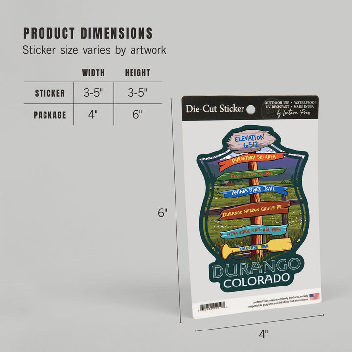 Durango, Colorado, Signpost, Contour, Vinyl Sticker - Lantern Press