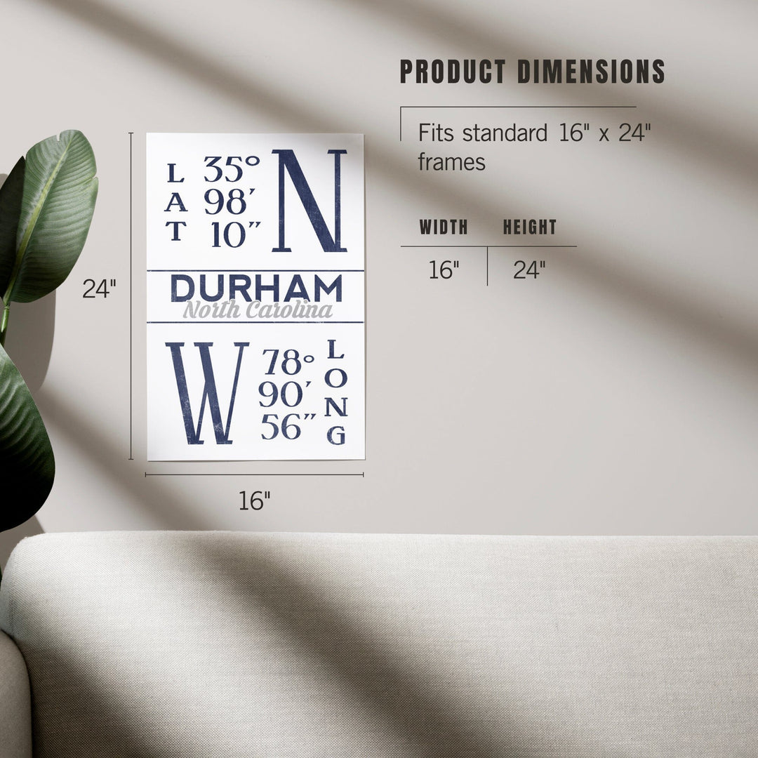 Durham, North Carolina, Latitude and Longitude (Blue), Art & Giclee Prints - Lantern Press