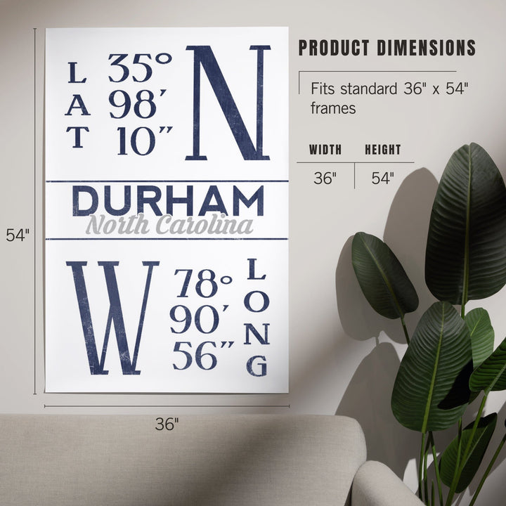 Durham, North Carolina, Latitude and Longitude (Blue), Art & Giclee Prints - Lantern Press