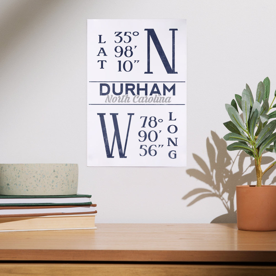 Durham, North Carolina, Latitude and Longitude (Blue), Art & Giclee Prints - Lantern Press