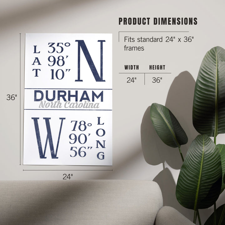 Durham, North Carolina, Latitude and Longitude (Blue), Art & Giclee Prints - Lantern Press