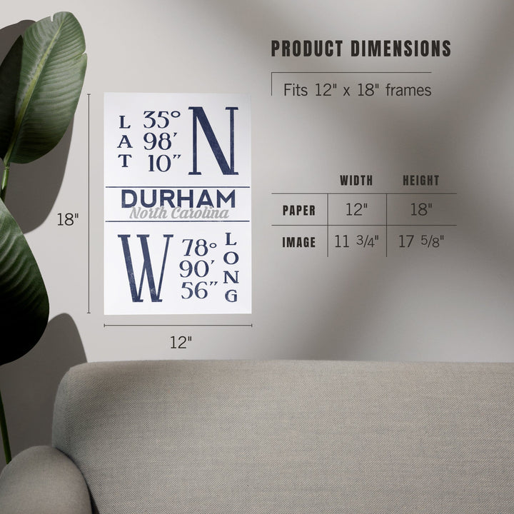 Durham, North Carolina, Latitude and Longitude (Blue), Art & Giclee Prints - Lantern Press