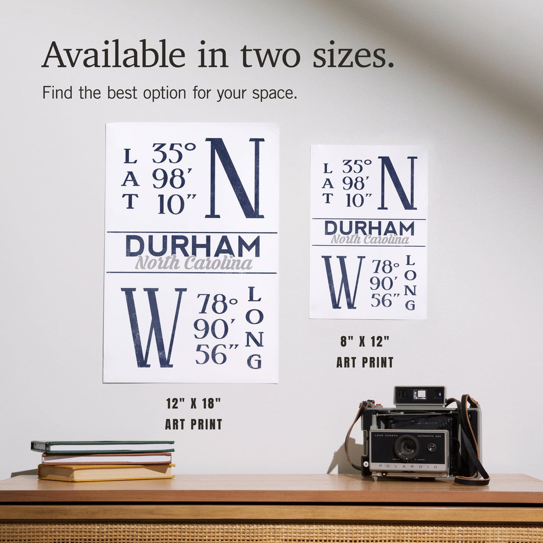 Durham, North Carolina, Latitude and Longitude (Blue), Art & Giclee Prints - Lantern Press