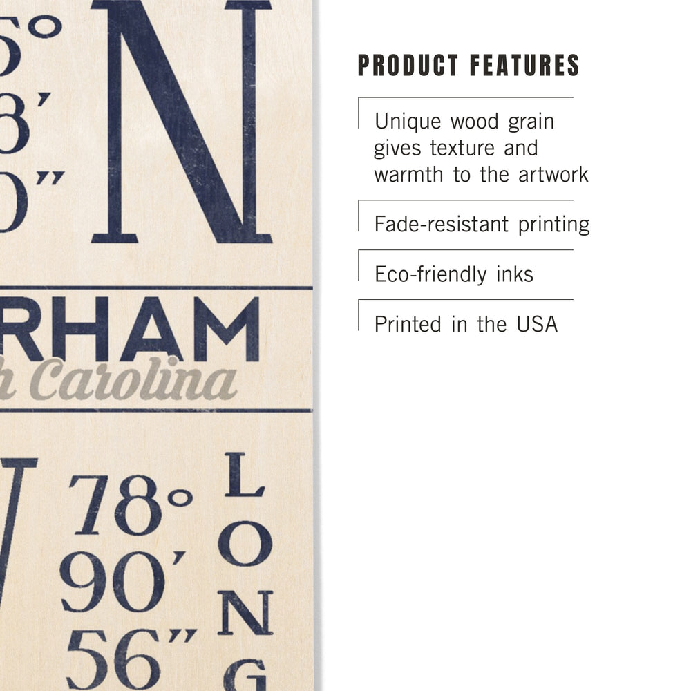 Durham, North Carolina, Latitude & Longitude (Blue), Lantern Press Artwork, Wood Signs and Postcards - Lantern Press