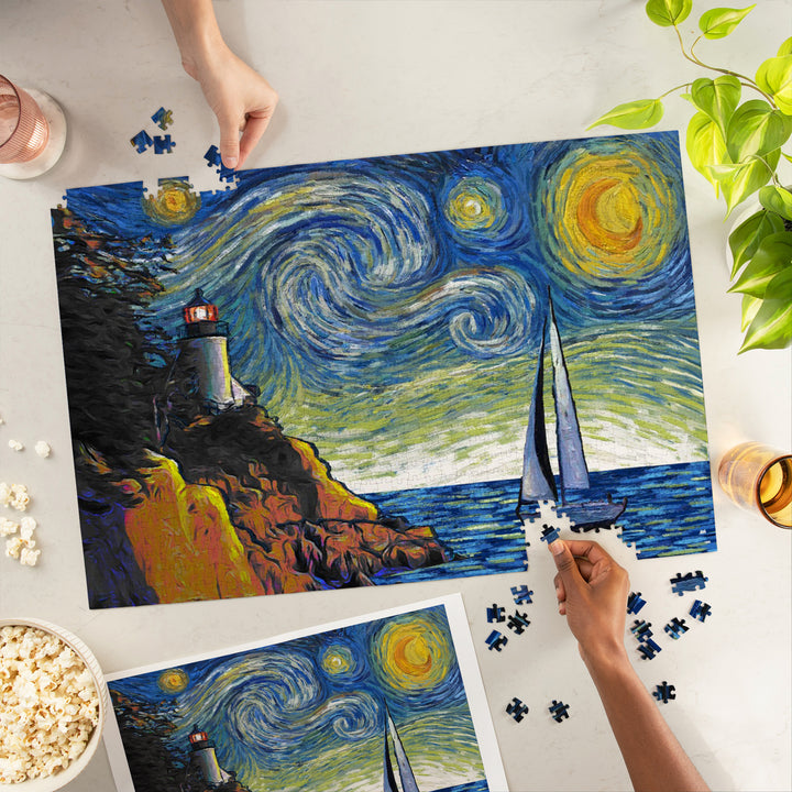 Acadia National Park, Bass Harbor Lighthouse, Starry Night National Park Series, Jigsaw Puzzle