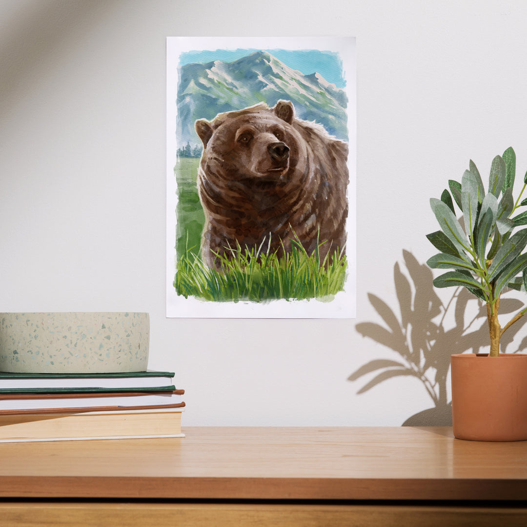 Watercolor Study, Grizzly Bear with Mountain, Art & Giclee Prints