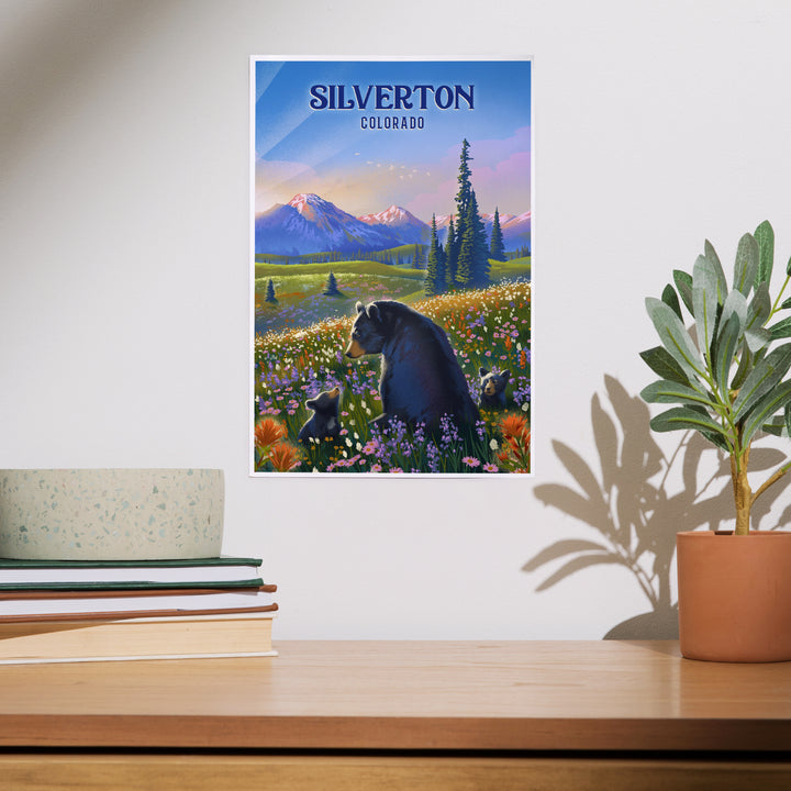 Silverton, Colorado, Lithograph, Bear Family in Field, Art & Giclee Prints