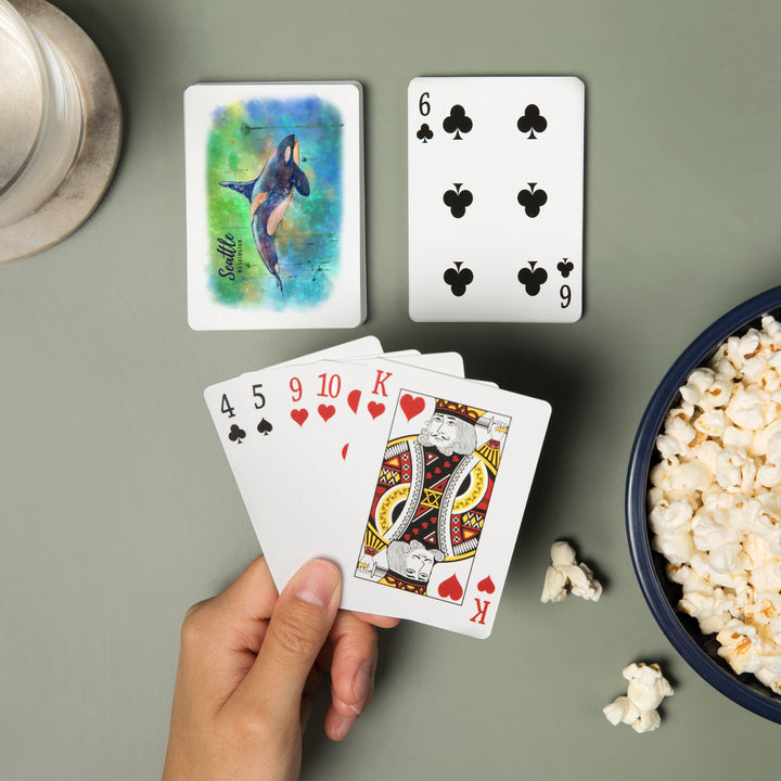 Playing Cards, Seattle, Washington, Orca, Watercolor, 52 Card Deck with Jokers in Box, Unique Art