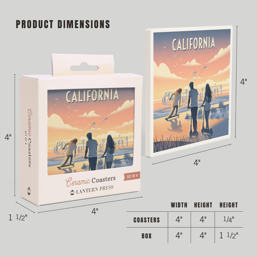 California, Lithograph, Enjoy the Ride, Longboards and Scooters, Coaster Set