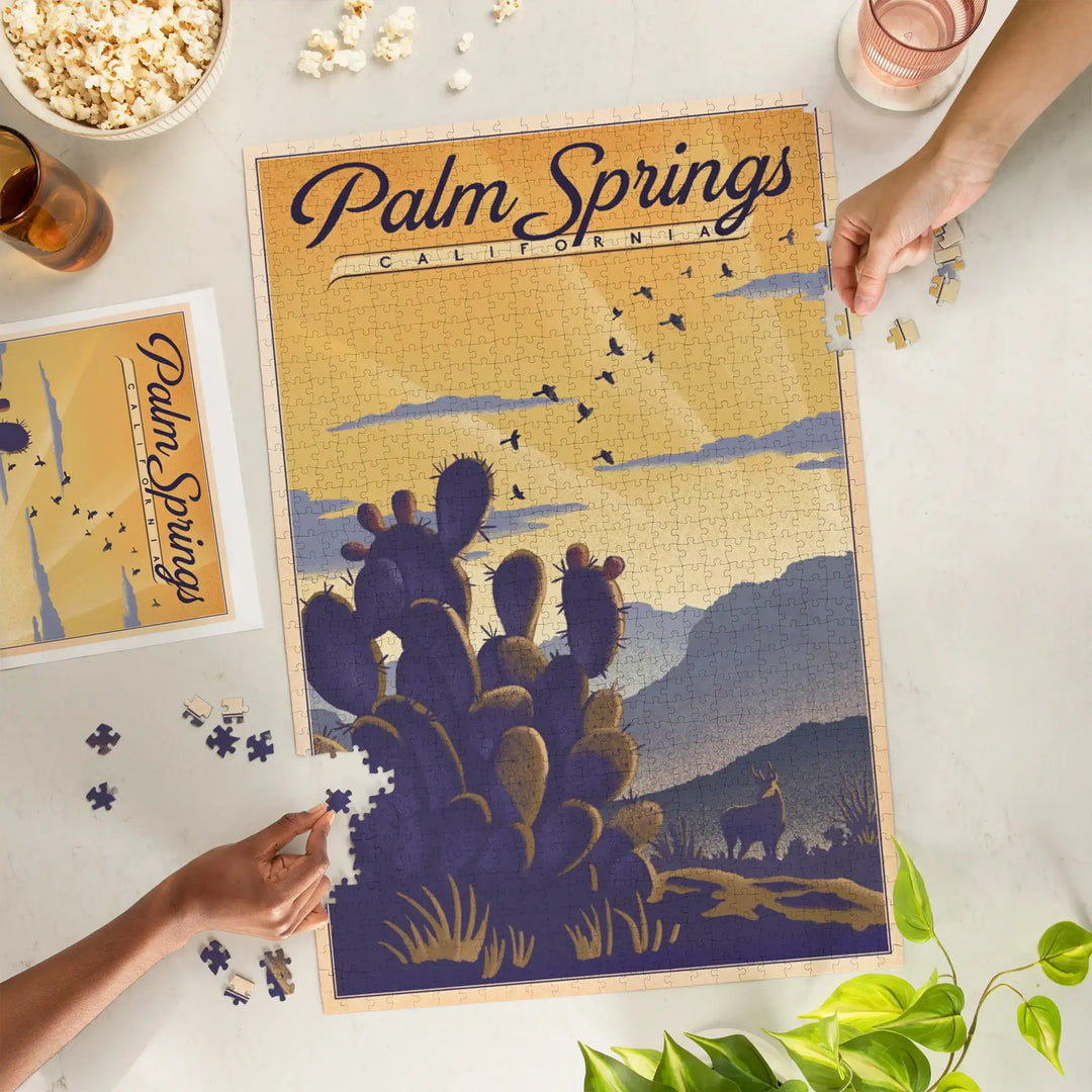 Palm Springs, California, Lithograph, Cactus and Desert Scene, Jigsaw Puzzle