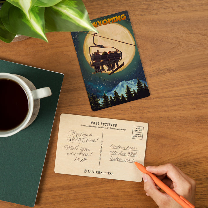 Wyoming, Ski Lift and Full Moon, Snowboarder, Wood Sign and Postcards
