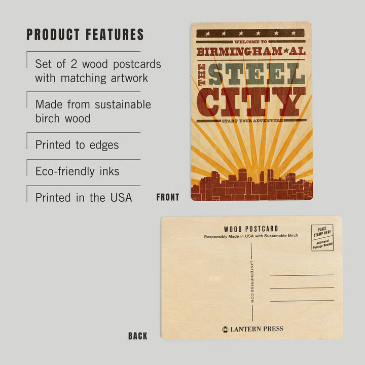Birmingham, Alabama, Skyline and Sunburst, Wood Sign and Postcards