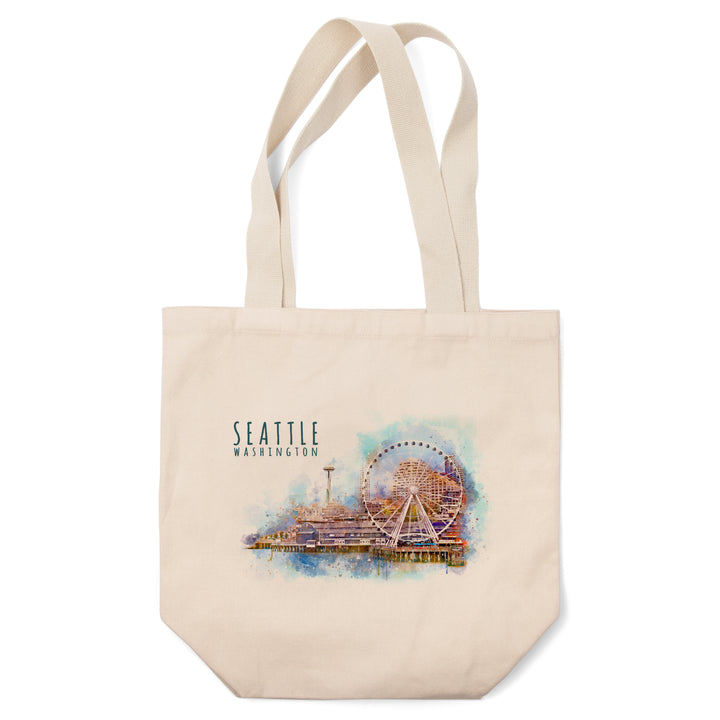 Seattle Skyline, Ferris Wheel, Watercolor, Tote Bag
