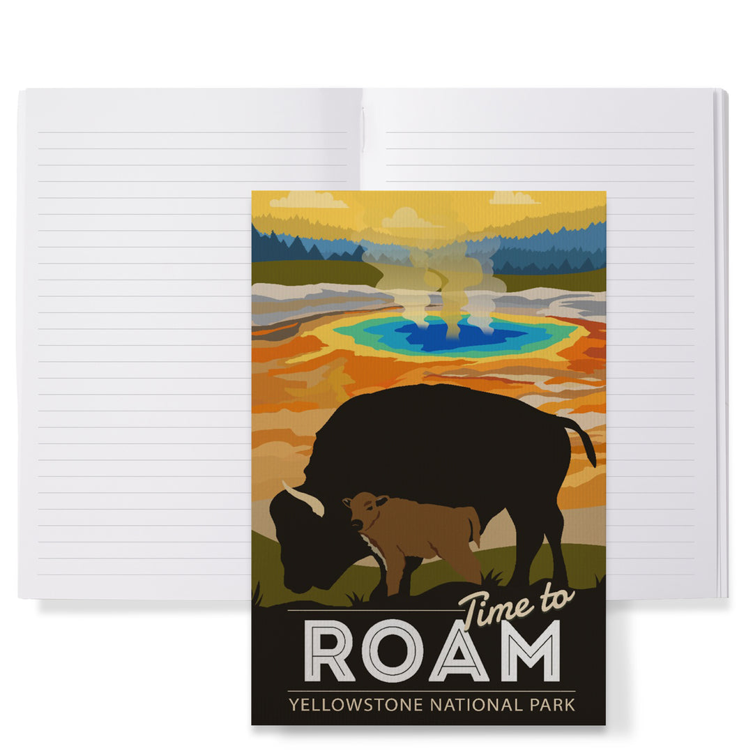 Lined 6x9 Journal, Yellowstone National Park, Time to Roam, Grand Prismatic, Bison and Calf, Lay Flat, 193 Pages, FSC paper