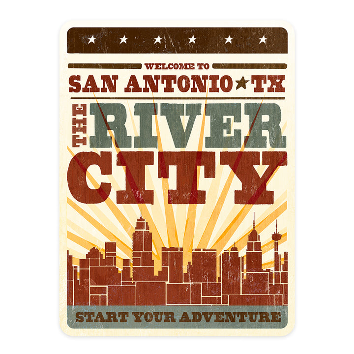 San Antonio, Texas, City & Sunburst, Screenprint, Contour, Lantern Press Artwork, Vinyl Sticker