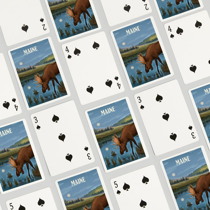 Playing Cards, Maine, Lithograph, Reflection Pond and Bull Moose, 52 Card Deck with Jokers in Box, Unique Art