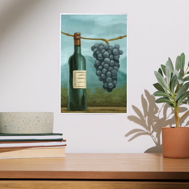Blue Grapes and Wine Bottle, Oil Painting, Art & Giclee Prints