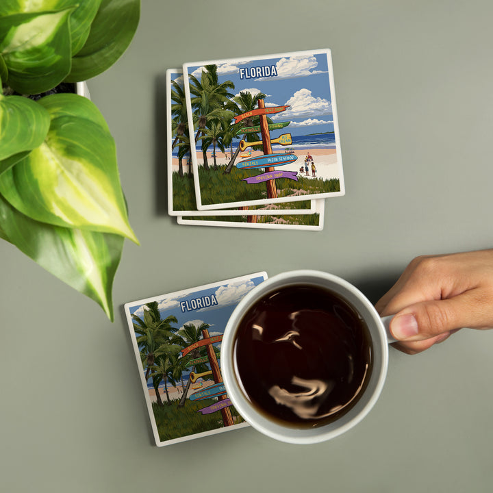 Florida, Signpost, Coast Beach with Palms, Coasters