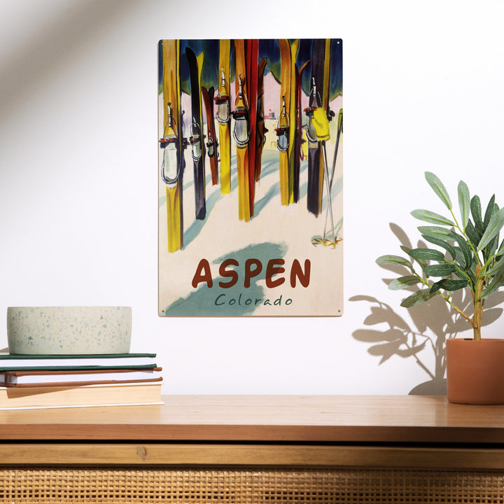 Aspen, Colorado, Colorful Skis, Wood Sign and Postcards