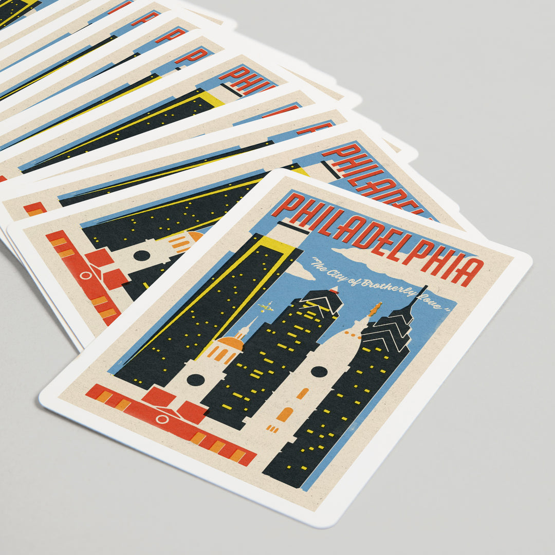 Playing Cards, Philadelphia, Pennsylvania, Woodblock City Series, Skyline, 52 Card Deck with Jokers in Box, Unique Art
