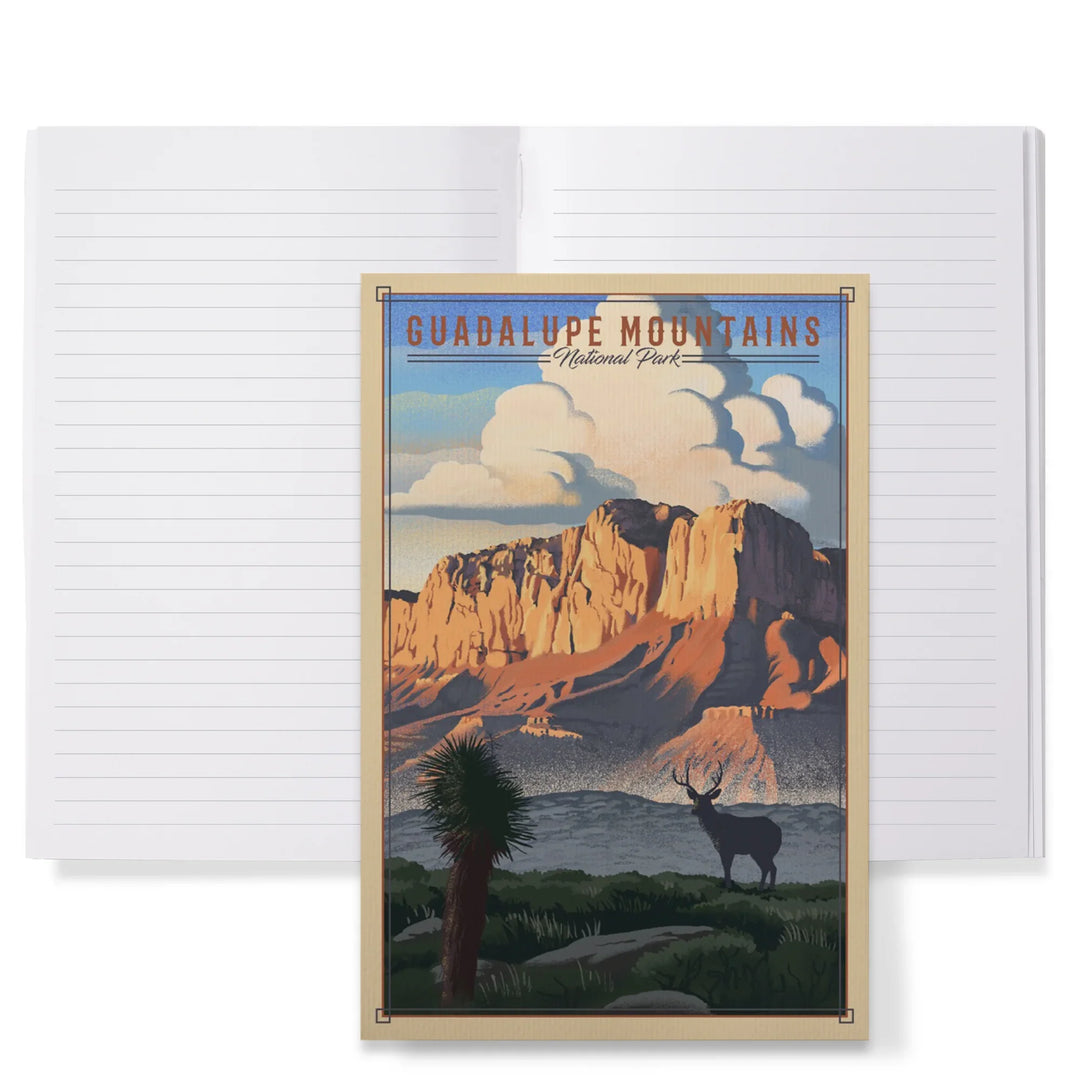 Lined 6x9 Journal, Guadalupe Mountains National Park, Texas, Lithograph National Park Series, Lay Flat, 193 Pages, FSC paper