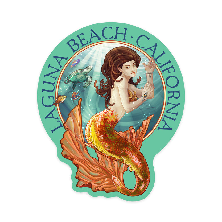 Laguna Beach, California, Mermaid, Contour, Vinyl Sticker