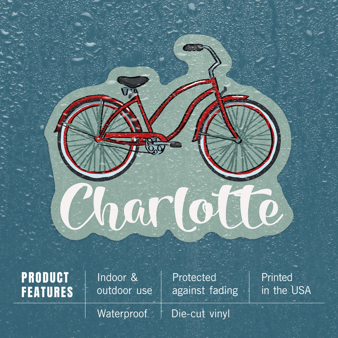 Charlotte, North Carolina, Beach Cruiser Bike, Contour, Lantern Press Artwork, Vinyl Sticker