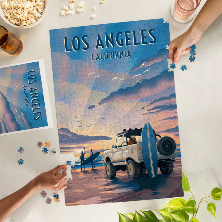 Los Angeles, California, Lithograph, Surfers on Beach, 1000 Piece Jigsaw Puzzle