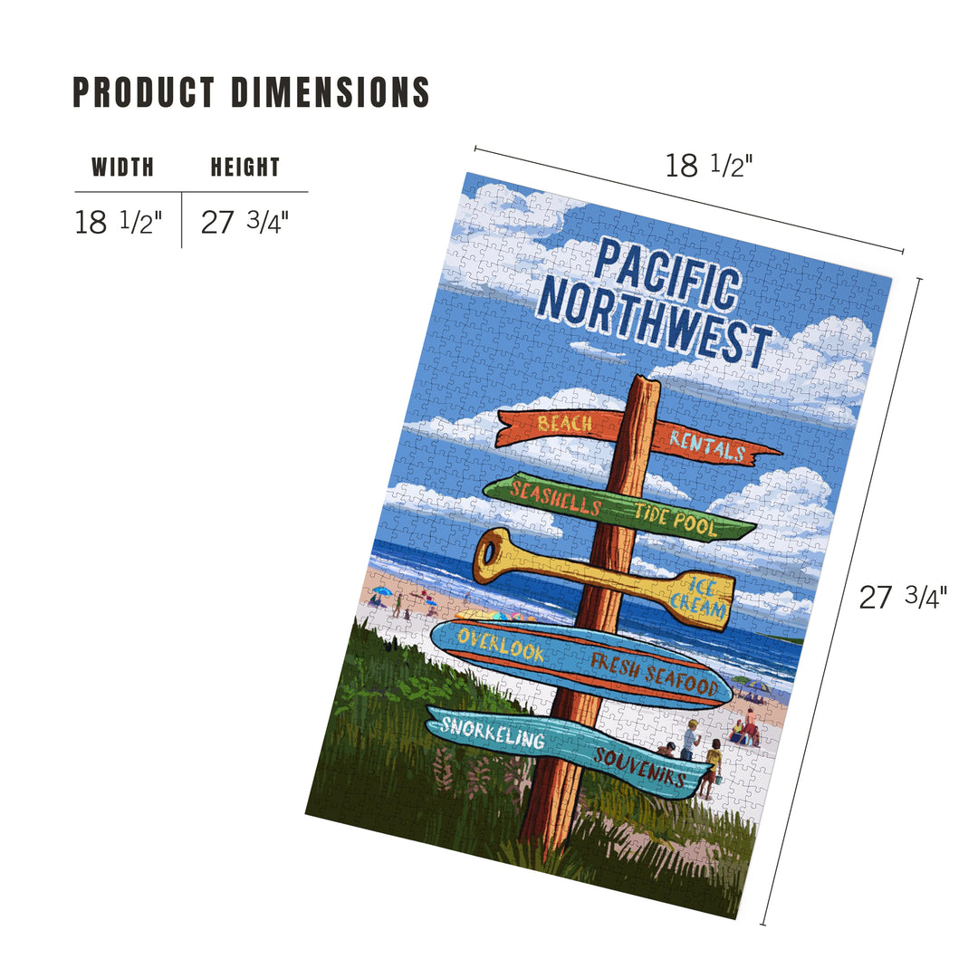 Pacific Northwest, Signpost, Coast Beach with Umbrellas, 1000 Piece Jigsaw Puzzle