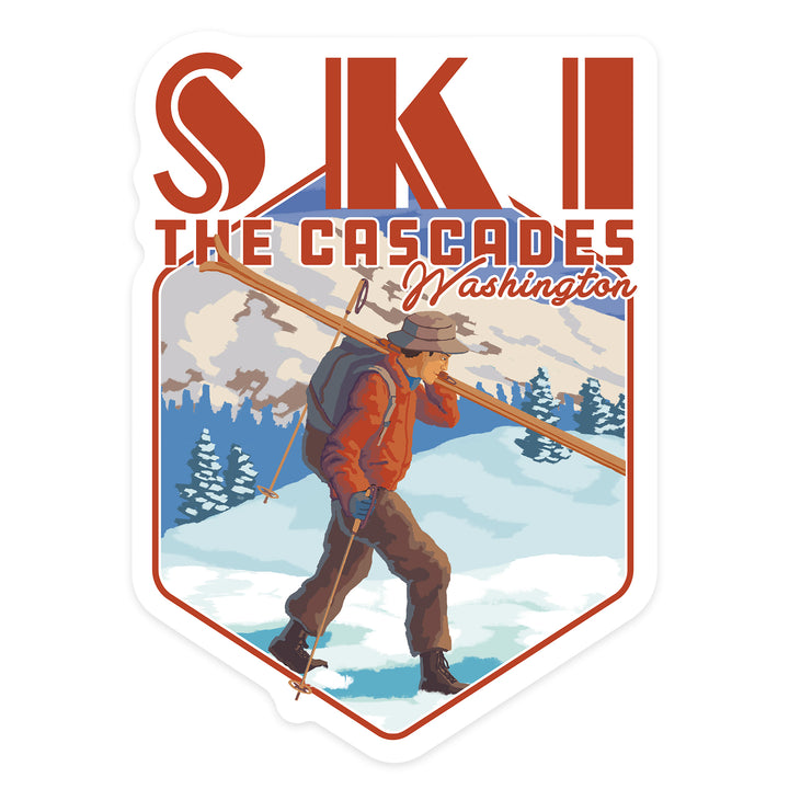 Cascades, Washington, Skier Carrying Skiis, Contour, Lantern Press Artwork, Vinyl Sticker