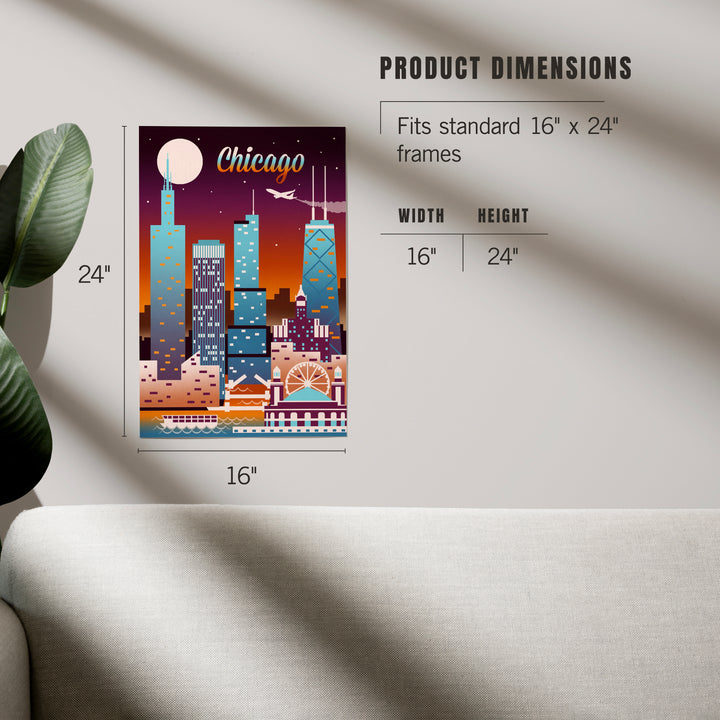 Chicago, Illinois, Retro Skyline Chromatic, Art & Giclee Prints