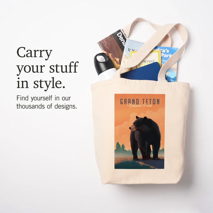 Grand Teton National Park, Wyoming, Lithograph, Black Bear, Tote Bag