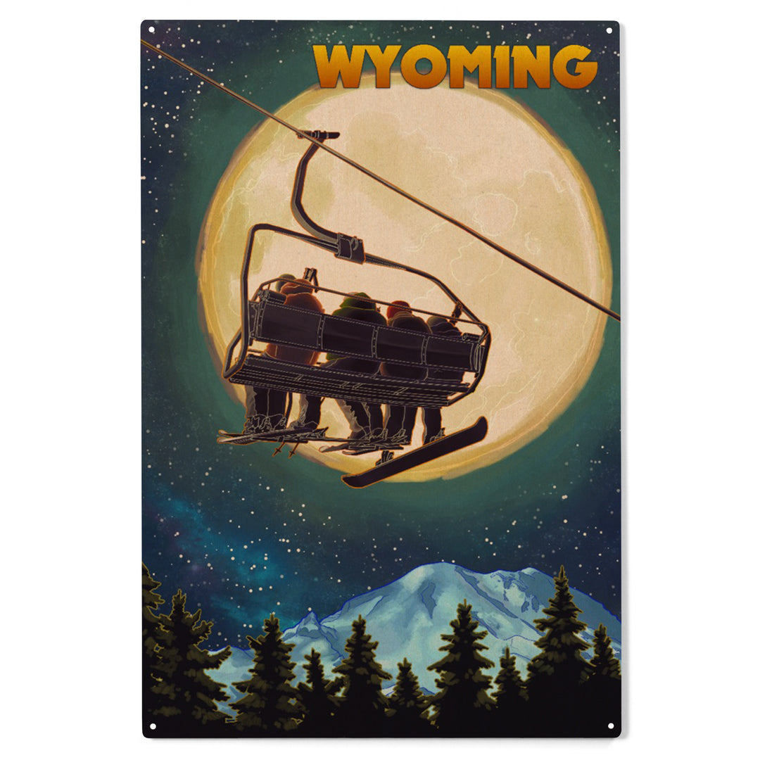 Wyoming, Ski Lift and Full Moon, Snowboarder, Wood Sign and Postcards