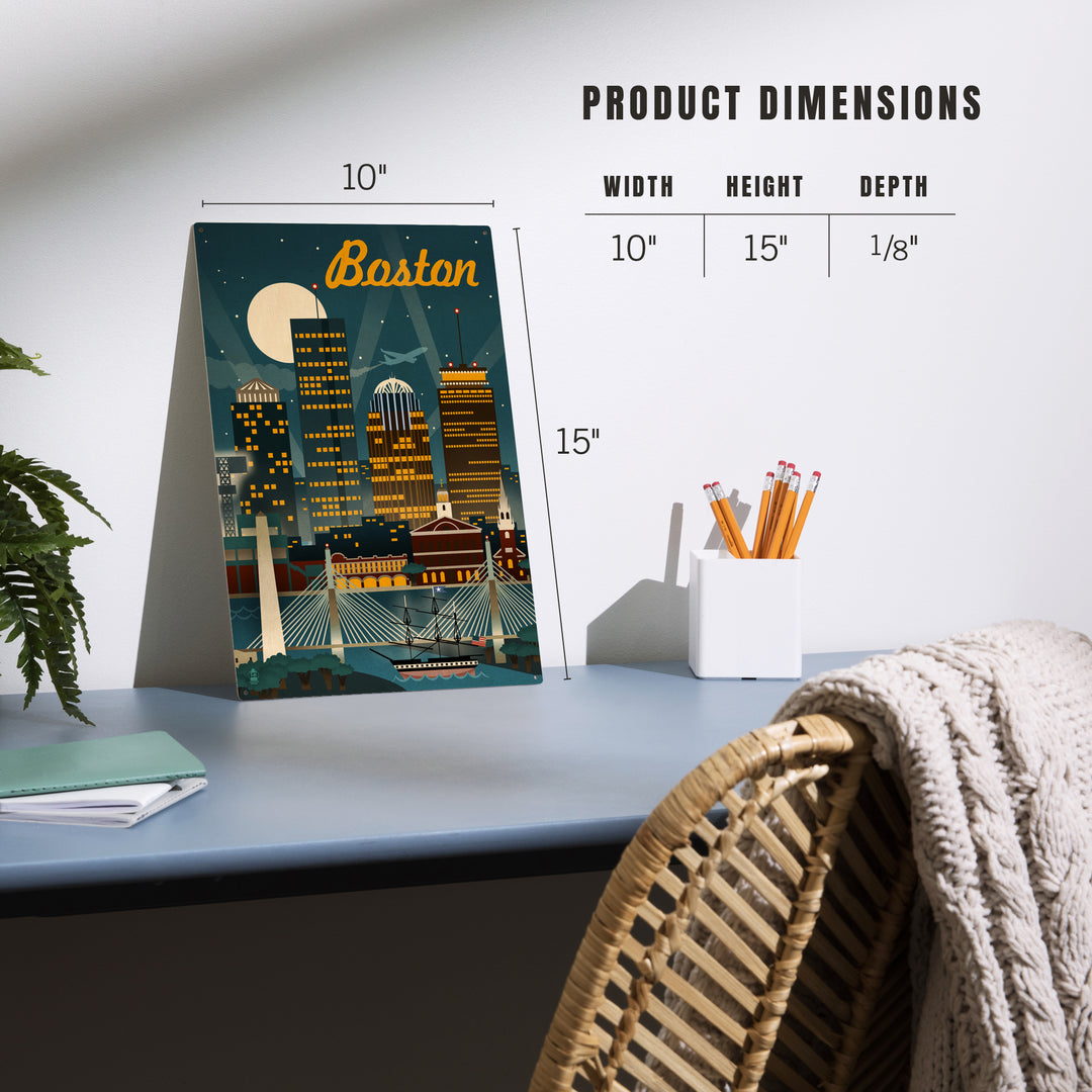 Boston, Massachusetts, Retro Skyline, Wood Sign and Postcards