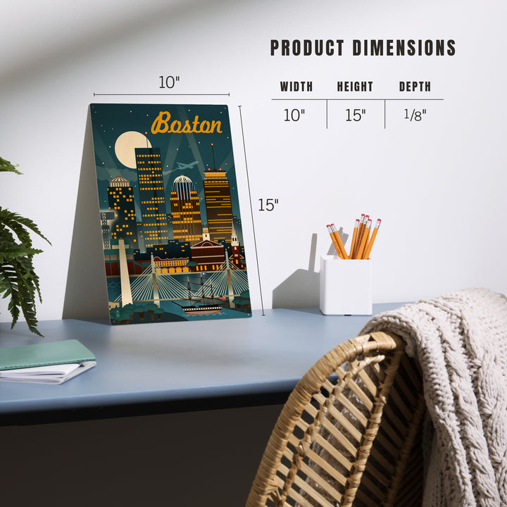 Boston, Massachusetts, Retro Skyline, Wood Sign and Postcards