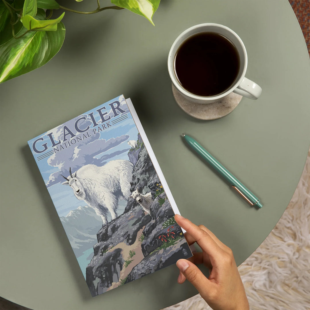 Lined 6x9 Journal, Glacier National Park, Montana, Mountain Goat and Kid, Illustration, Lay Flat, 193 Pages, FSC paper