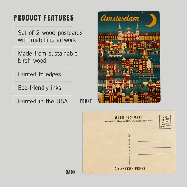 Amsterdam, Retro Skyline, Wood Sign and Postcards