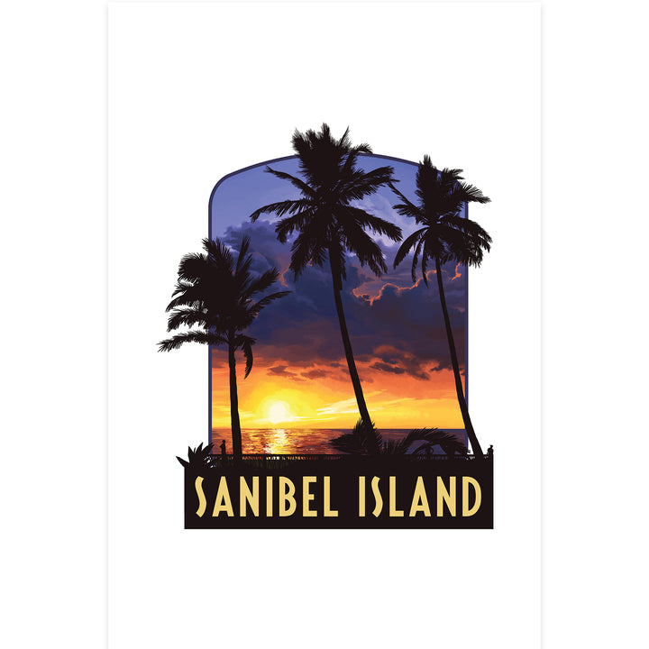 Sanibel Island, Florida, Palm and Sunset, Contour, Vinyl Sticker