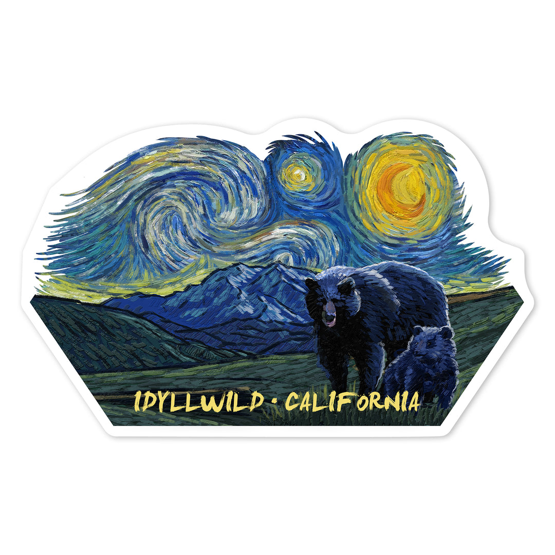 Idyllwild, California, Grizzly Bear & Cub, Starry Night, Contour, Lantern Press Artwork, Vinyl Sticker